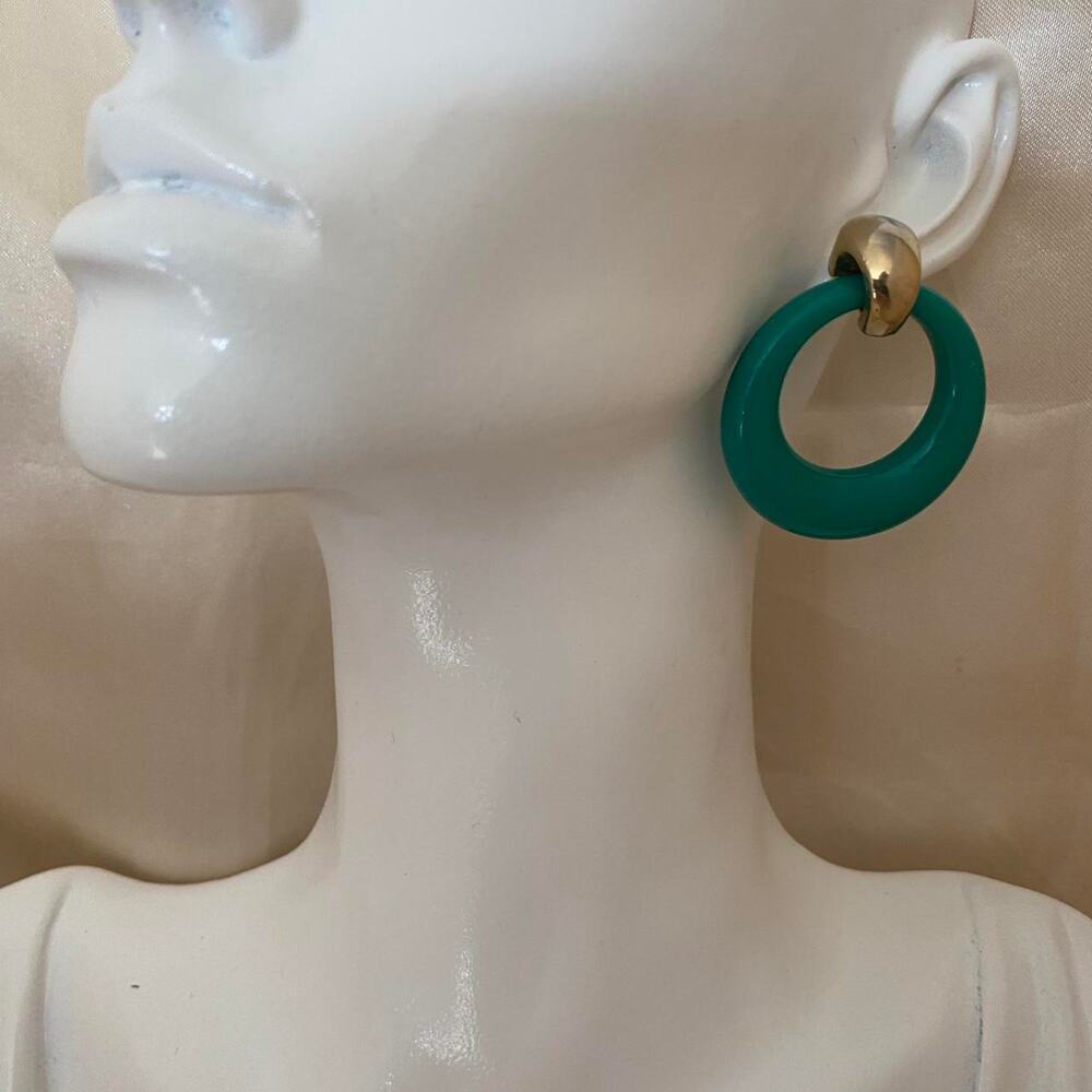 Vintage 80s Teal Green Lucite Hoop Drop Earrings Gold Tone Statement Earrings